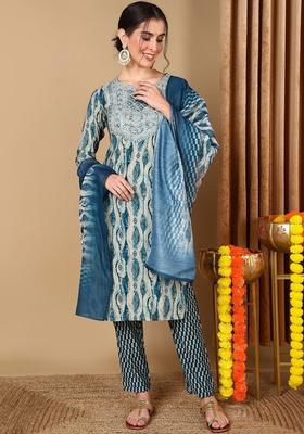 Blue Printed Silk Kurta Set