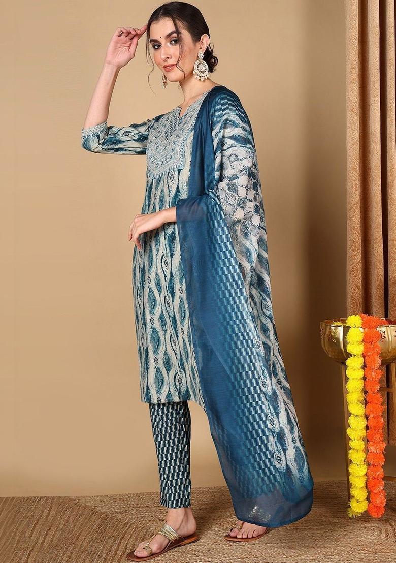 Blue Printed Silk Kurta Set - Indya