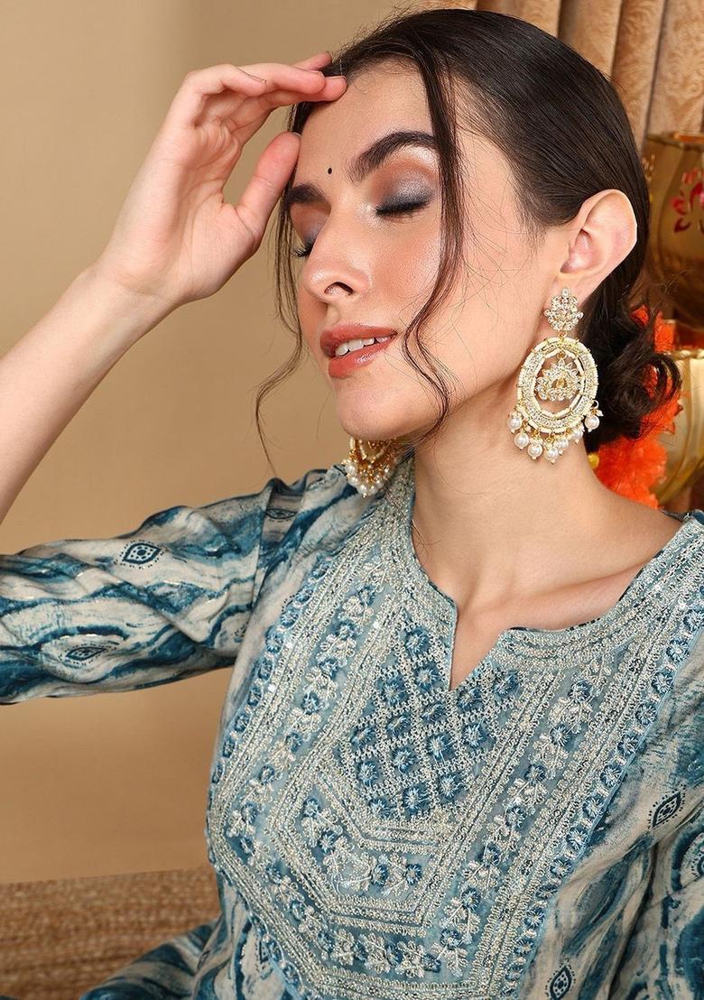 Blue Printed Silk Kurta Set - Indya