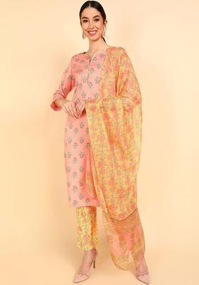 Peach Printed Polyester Kurta Set