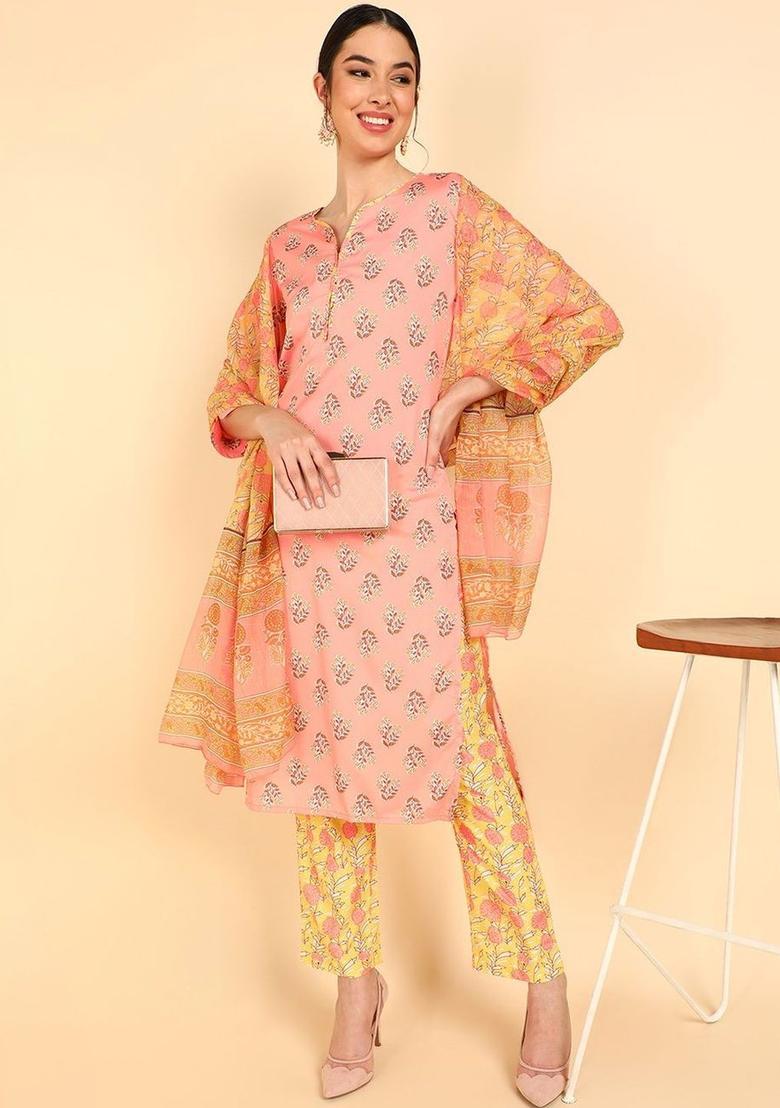 Peach Printed Polyester Kurta Set - Indya