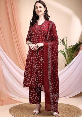Maroon Printed Viscose Kurta Set