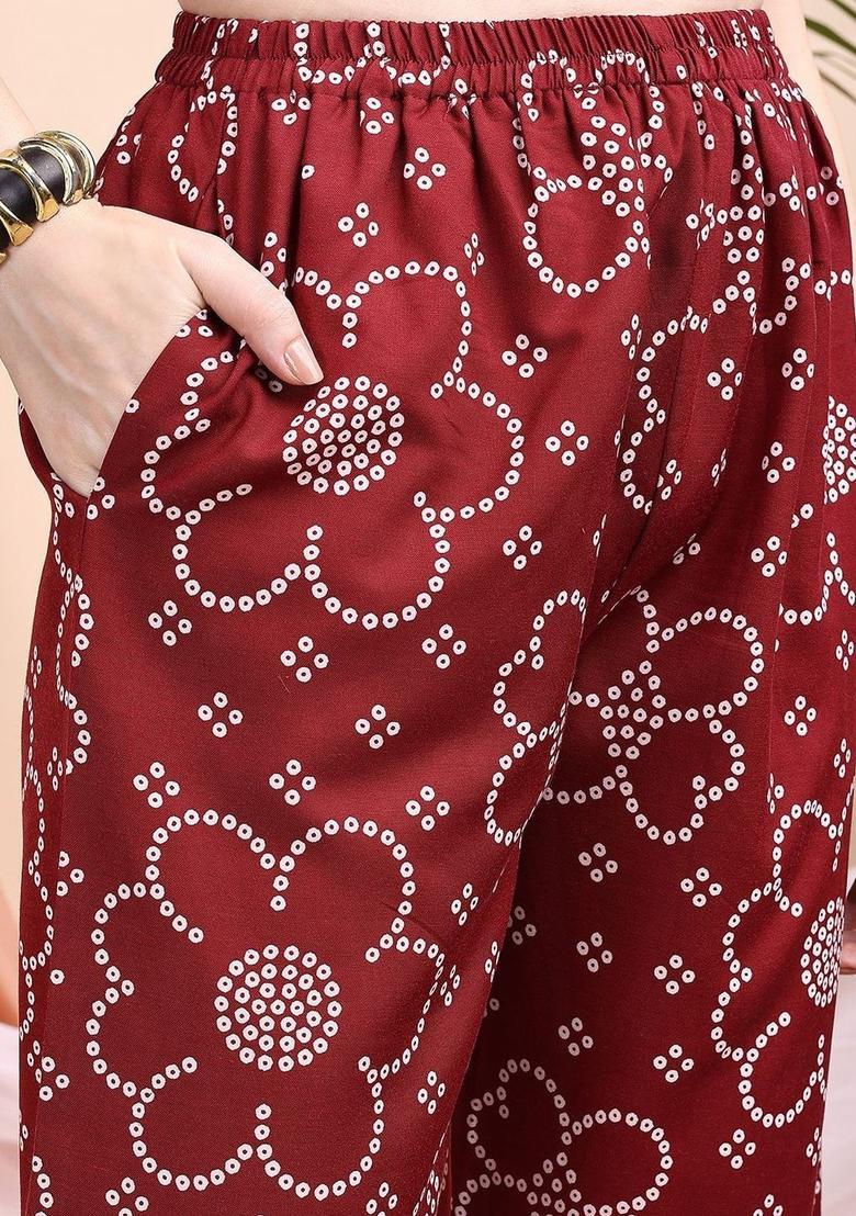 Maroon Printed Viscose Kurta Set - Indya