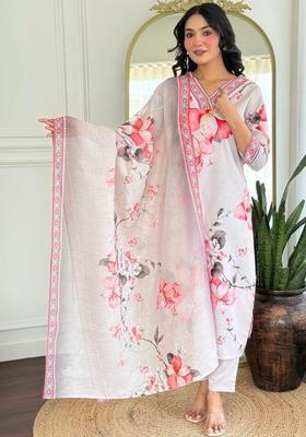 Off White Printed Viscose Kurta Set