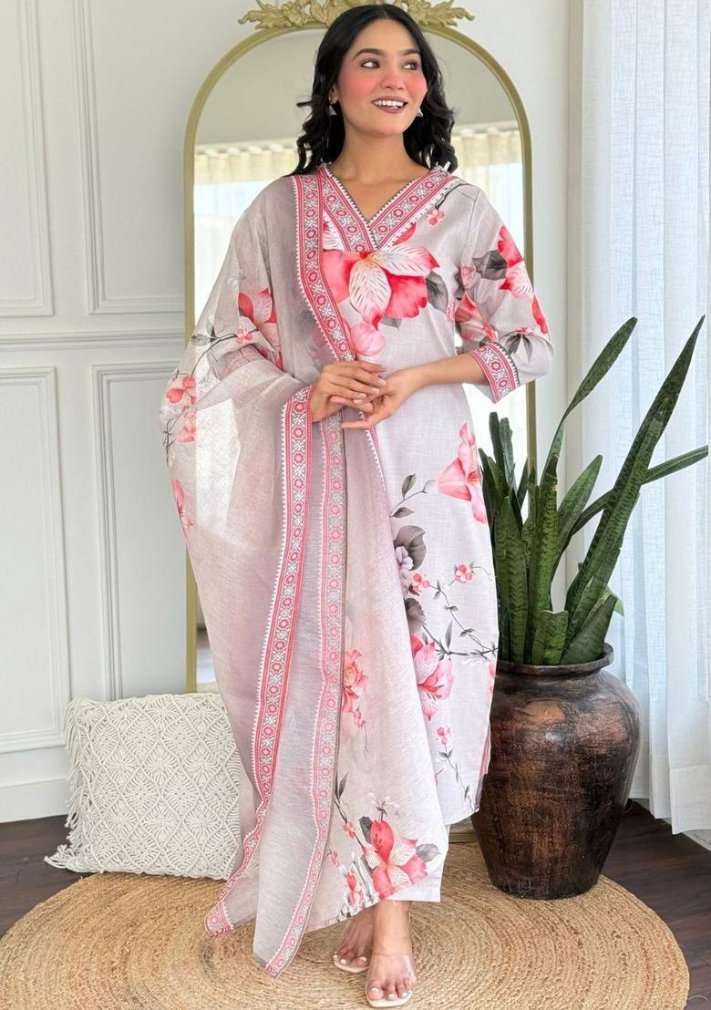 Off White Printed Viscose Kurta Set - Indya