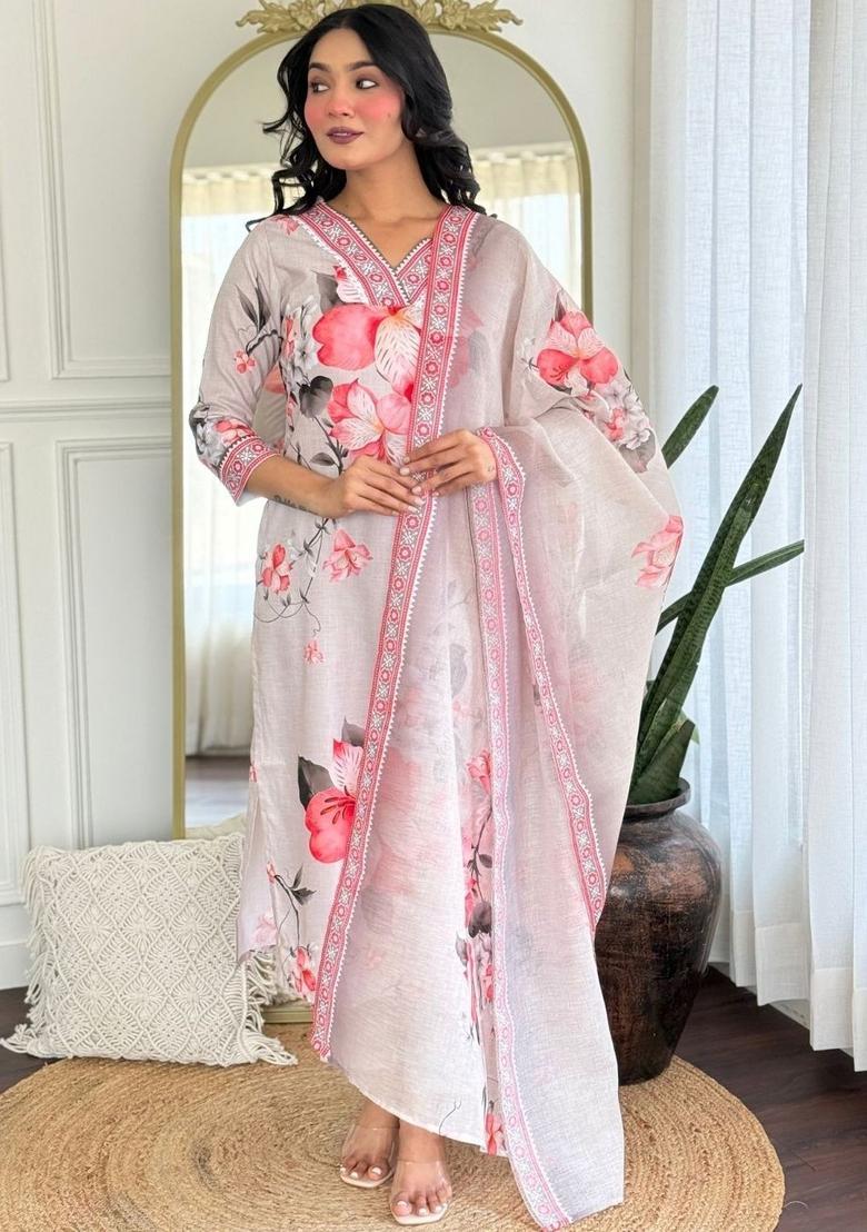 Off White Printed Viscose Kurta Set - Indya