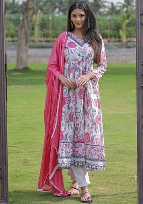 White Printed Viscose Kurta Set