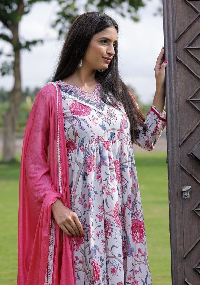 White Printed Viscose Kurta Set - Indya