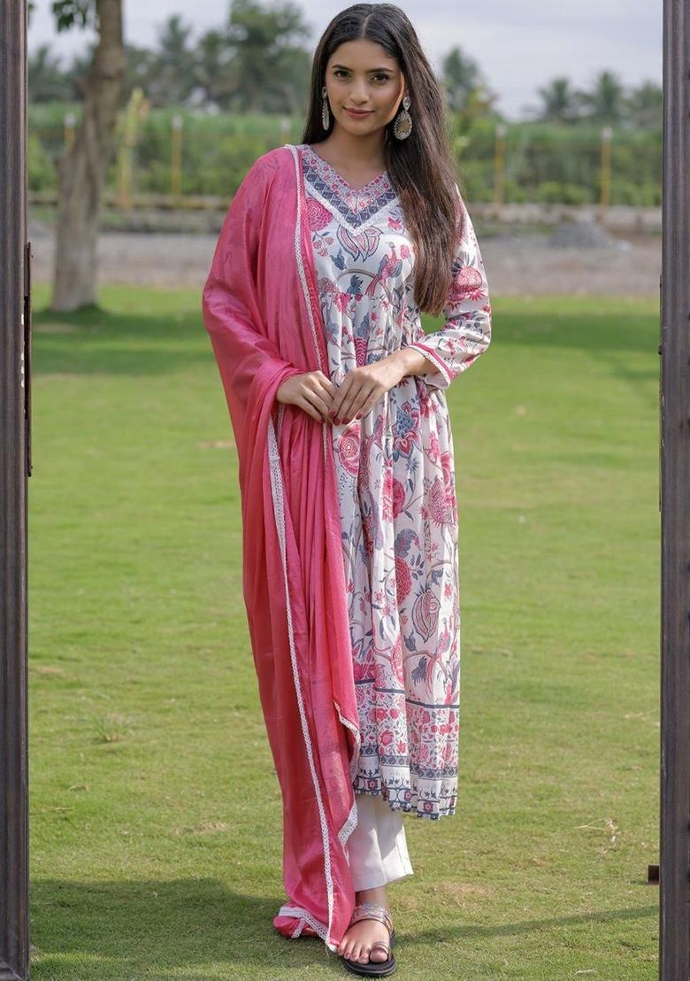 White Printed Viscose Kurta Set - Indya
