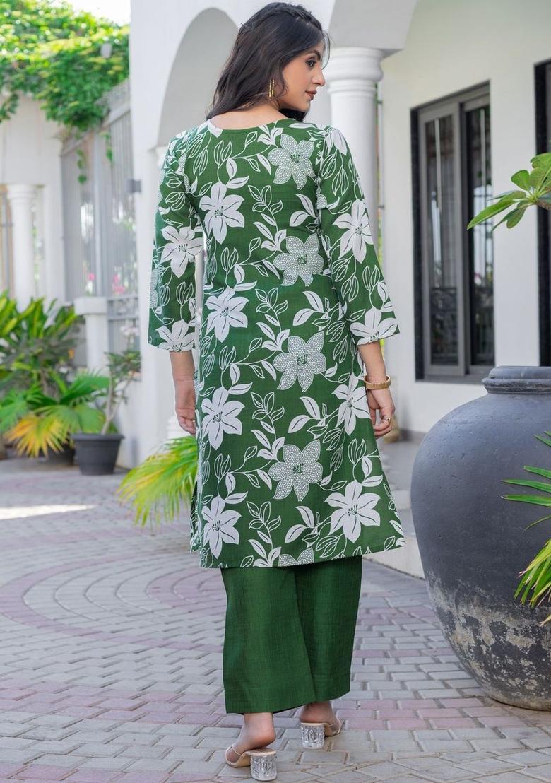 Green Printed Cotton Kurta Set - Indya