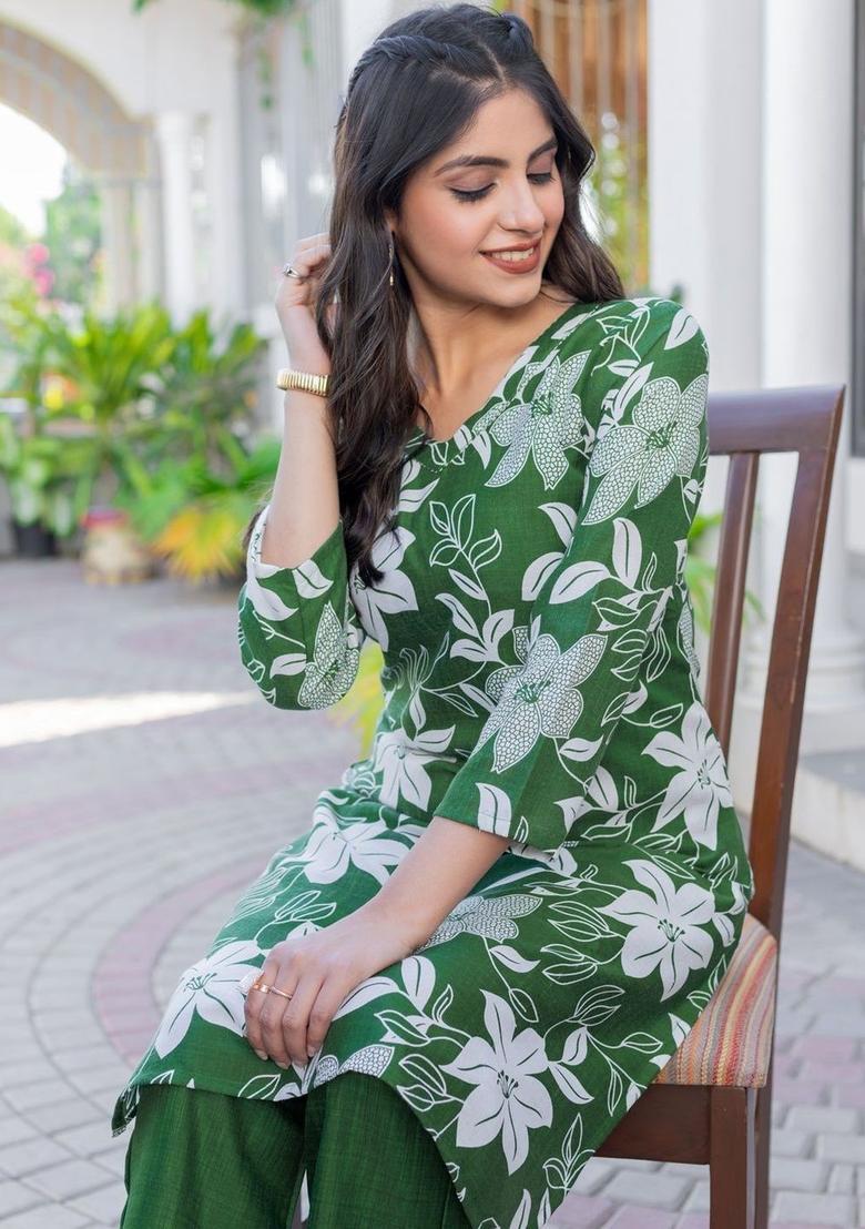 Green Printed Cotton Kurta Set - Indya