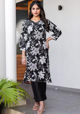 Black Printed Cotton Kurta Set