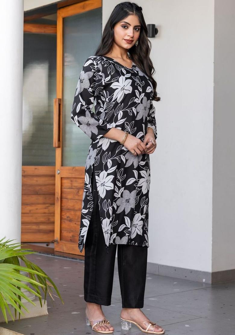 Black Printed Cotton Kurta Set - Indya