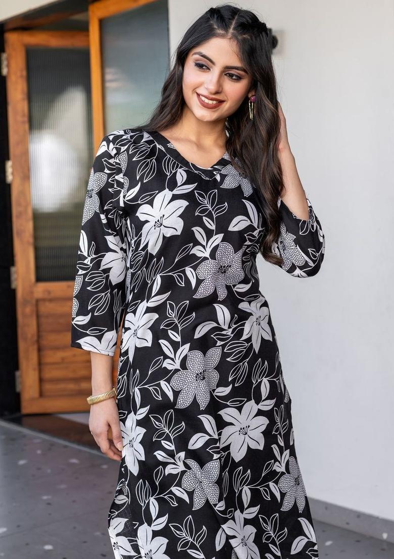 Black Printed Cotton Kurta Set - Indya