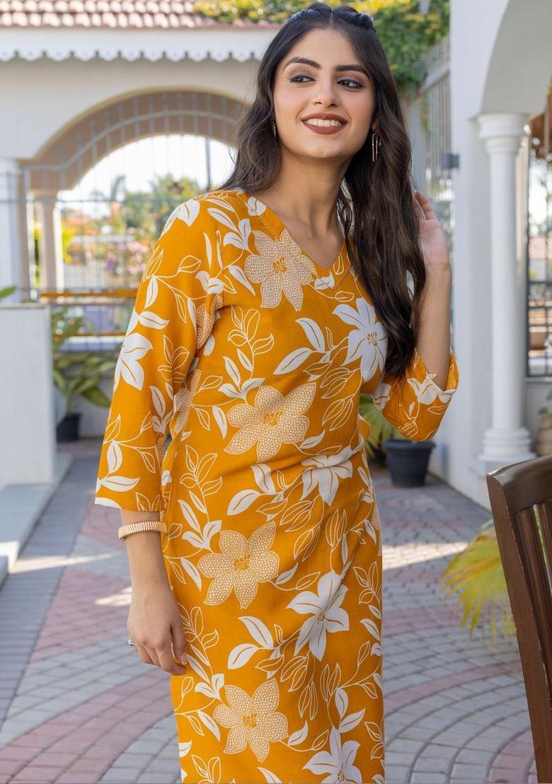 Yellow Printed Cotton Kurta Set - Indya
