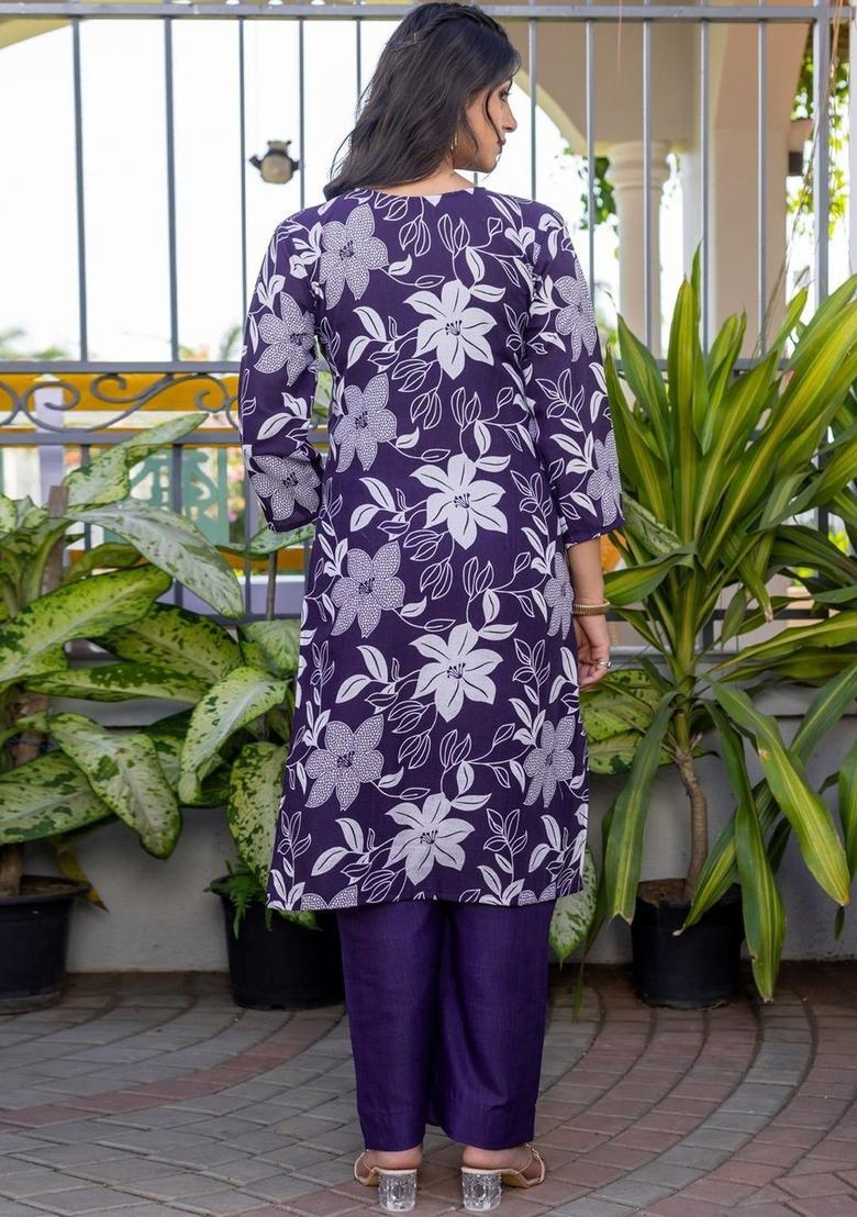Purple Printed Cotton Kurta Set - Indya