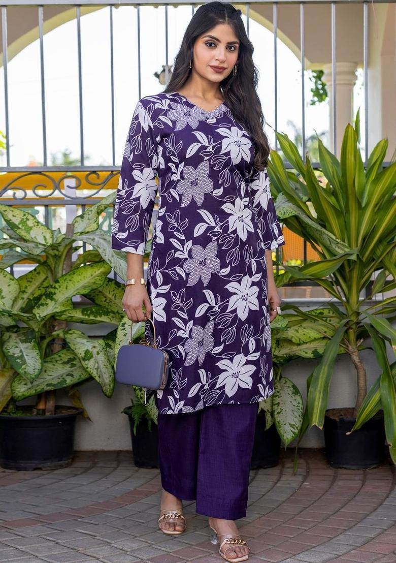 Purple Printed Cotton Kurta Set - Indya