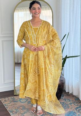 Mustard Printed Viscose Kurta Set