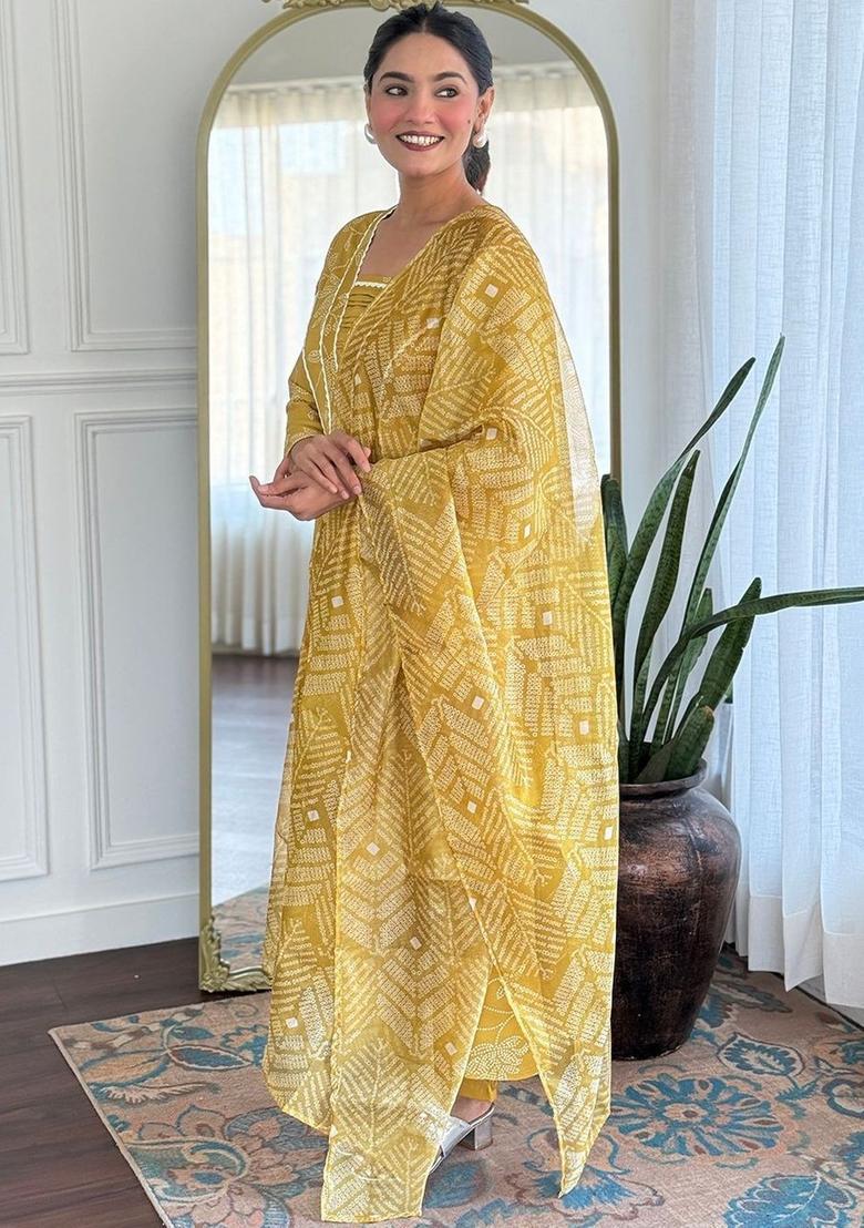 Mustard Printed Viscose Kurta Set - Indya
