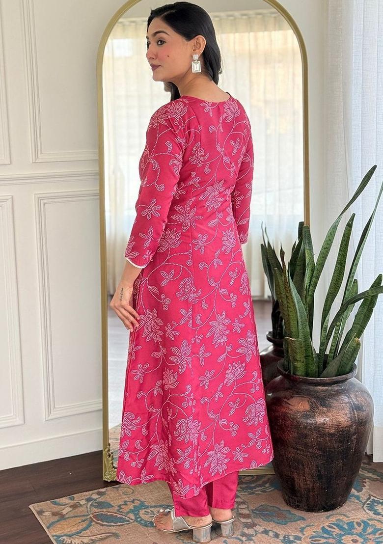 Pink Printed Viscose Kurta Set - Indya