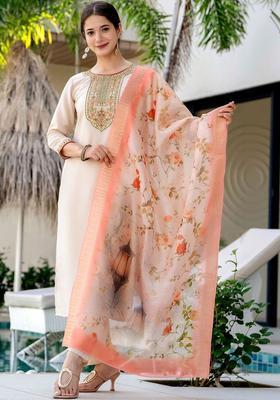 Off White Embroidered Viscose Kurta Set