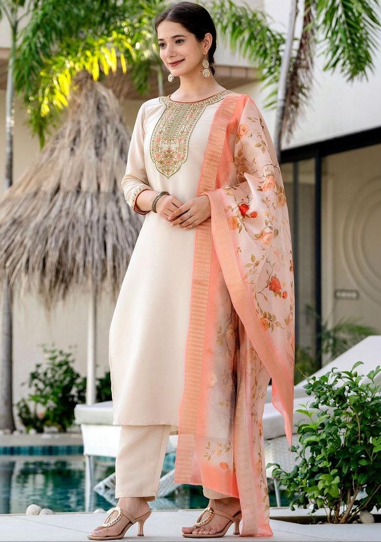 Off White Embroidered Viscose Kurta Set - Indya