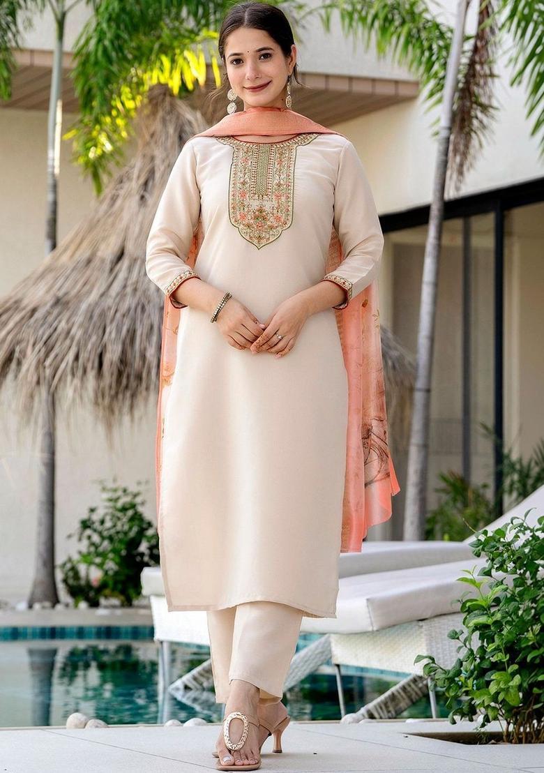 Off White Embroidered Viscose Kurta Set - Indya
