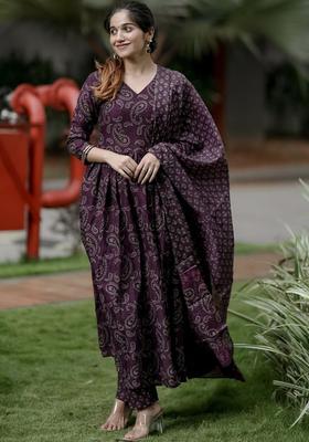 Purple Printed Viscose Kurta Set