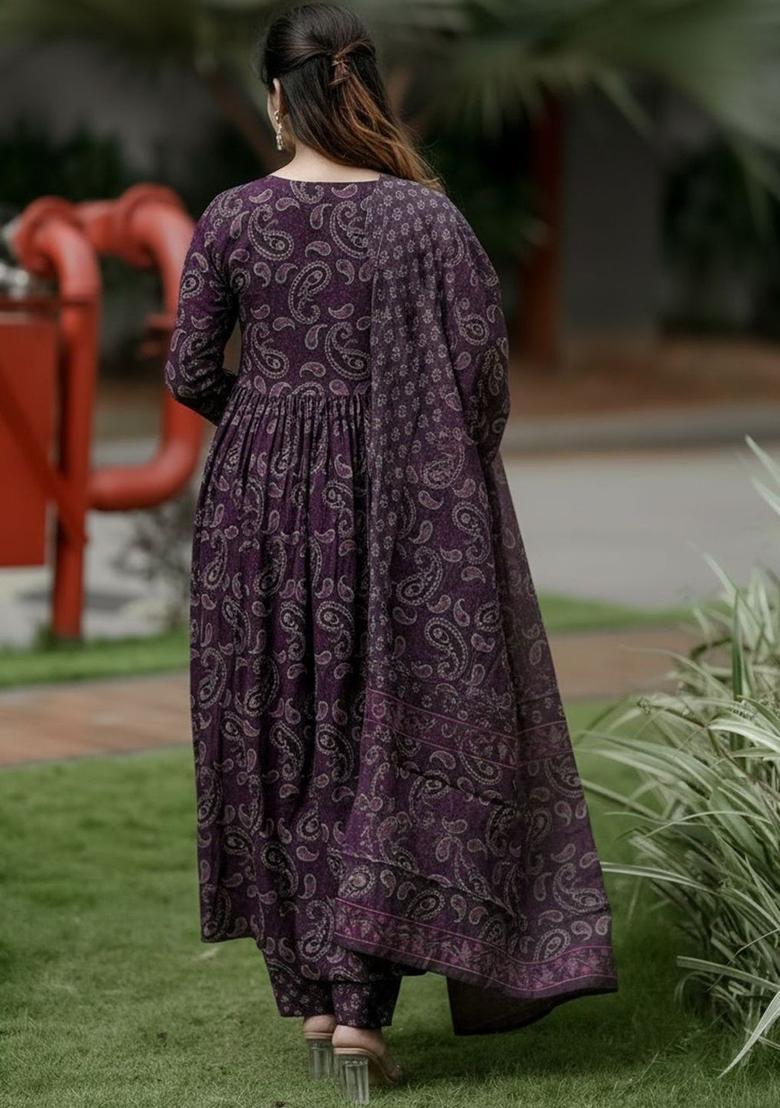 Purple Printed Viscose Kurta Set - Indya