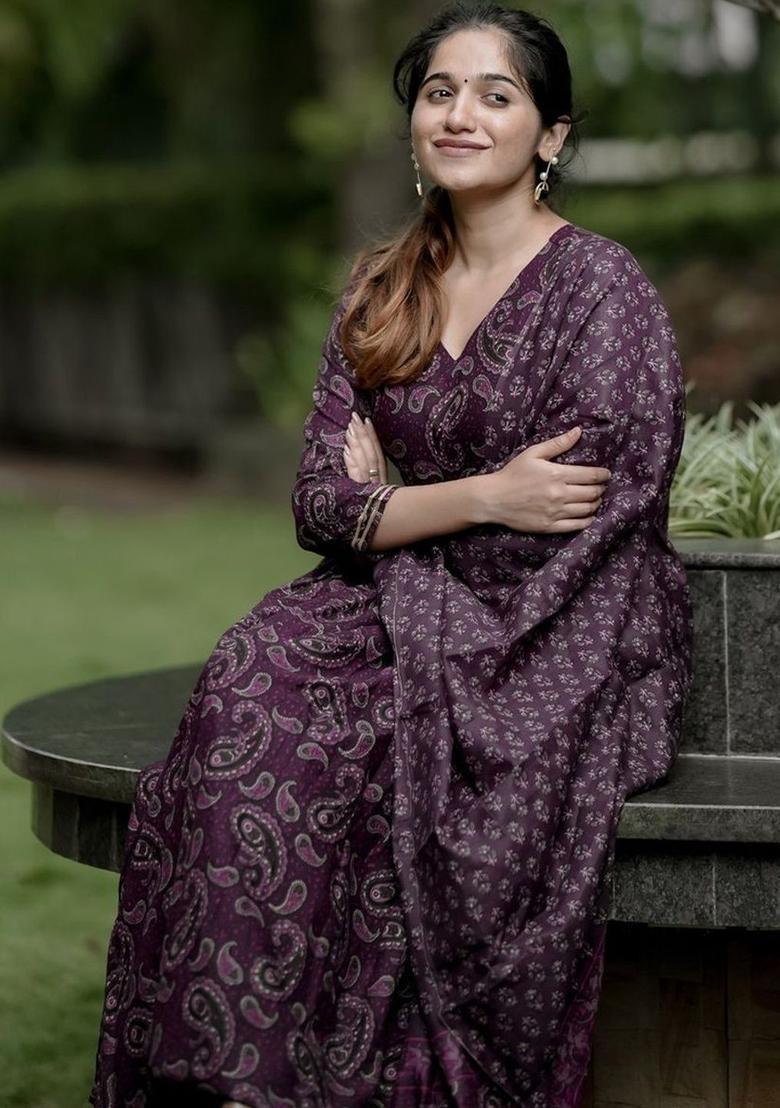 Purple Printed Viscose Kurta Set - Indya