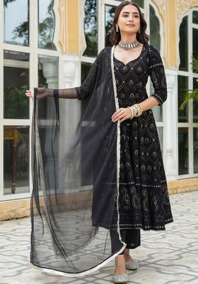 Black Printed Georgette Kurta Set