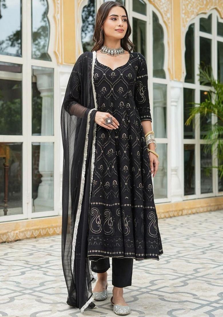 Black Printed Georgette Kurta Set - Indya