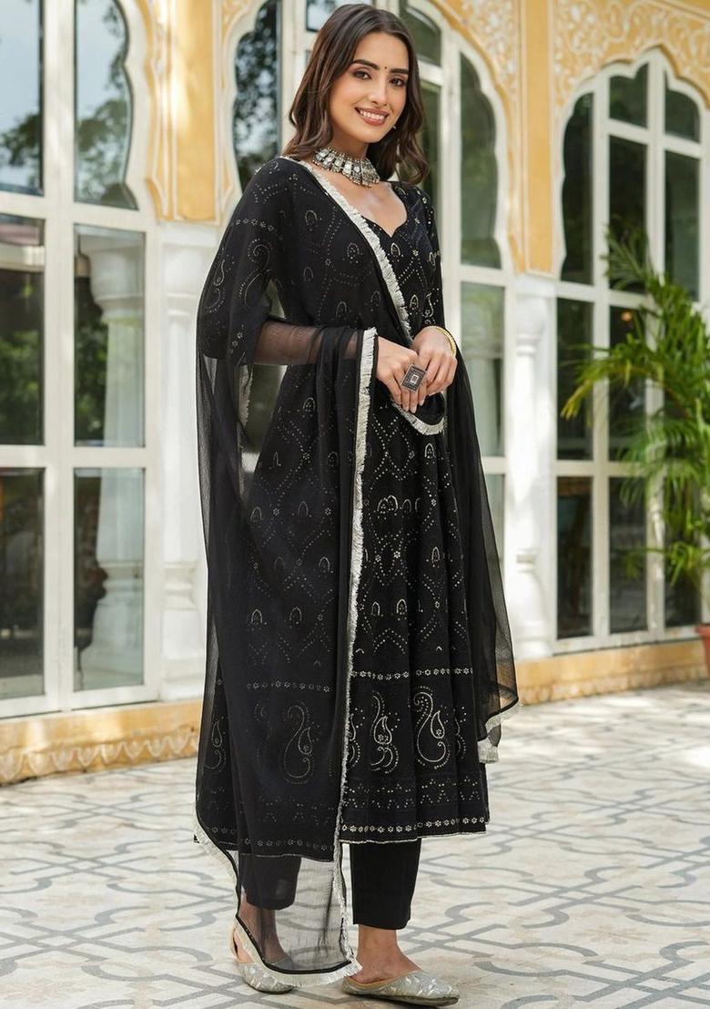 Black Printed Georgette Kurta Set - Indya