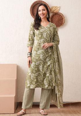 Olive Printed Viscose Kurta Set