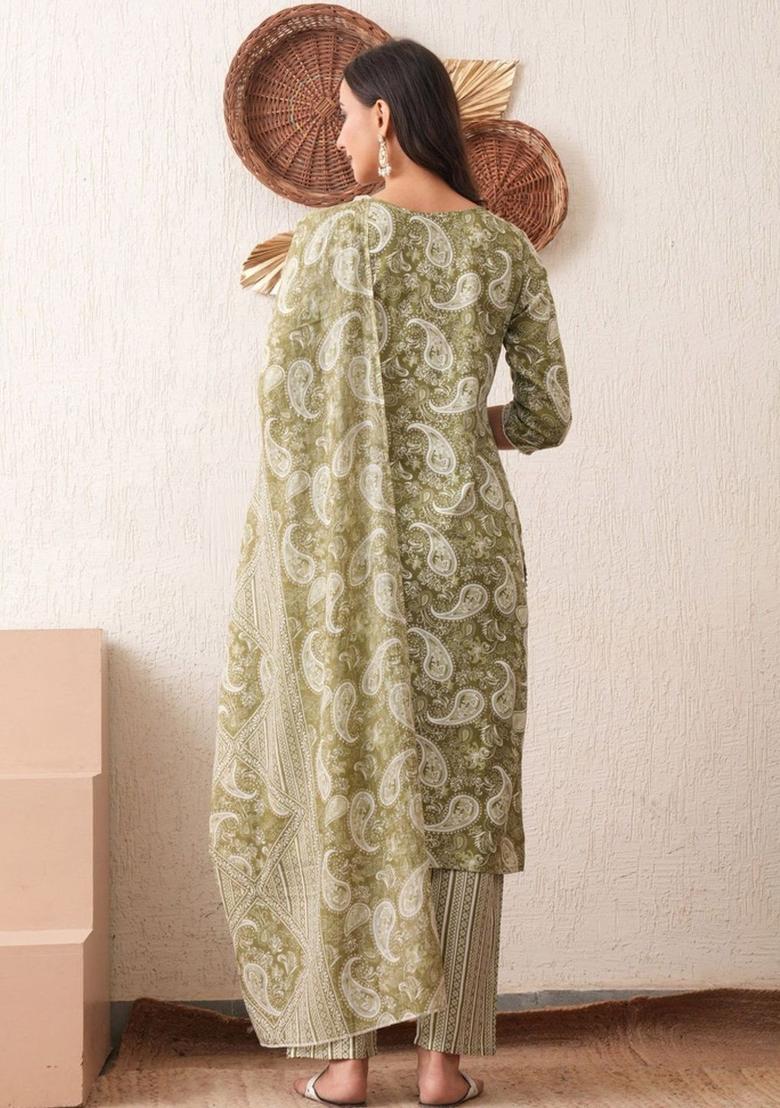 Olive Printed Viscose Kurta Set - Indya