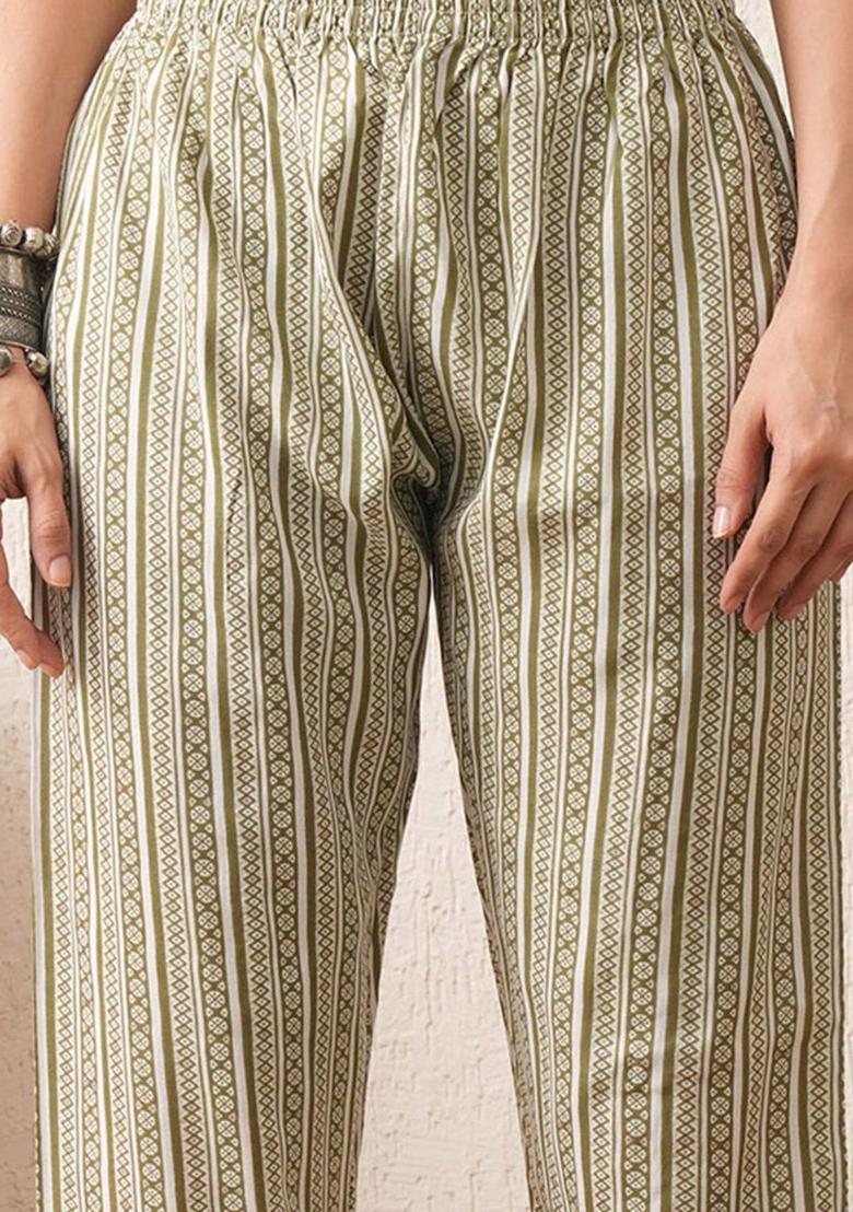 Olive Printed Viscose Kurta Set - Indya