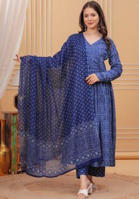 Blue Printed Viscose Kurta Set