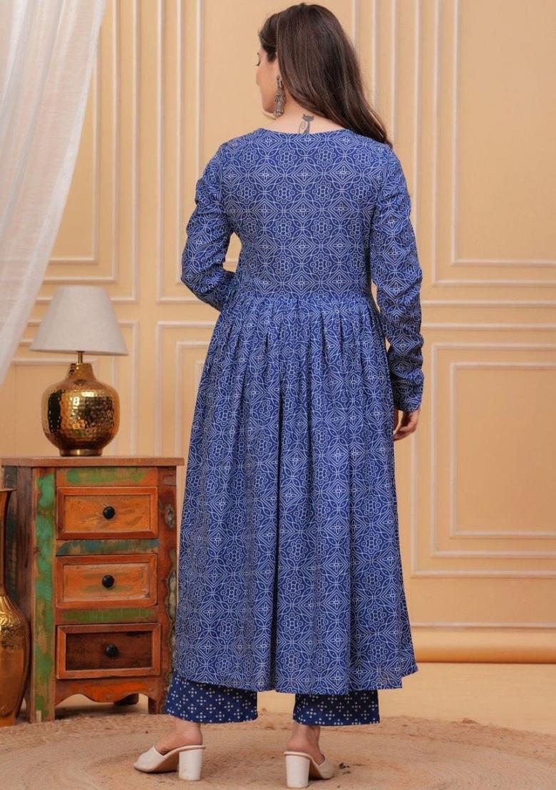 Blue Printed Viscose Kurta Set - Indya