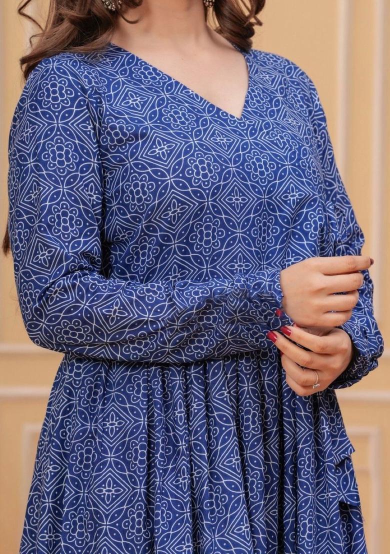 Blue Printed Viscose Kurta Set - Indya