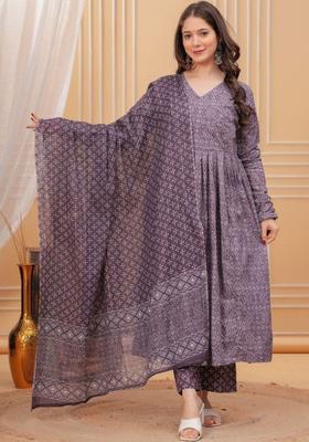 Purple Printed Viscose Kurta Set