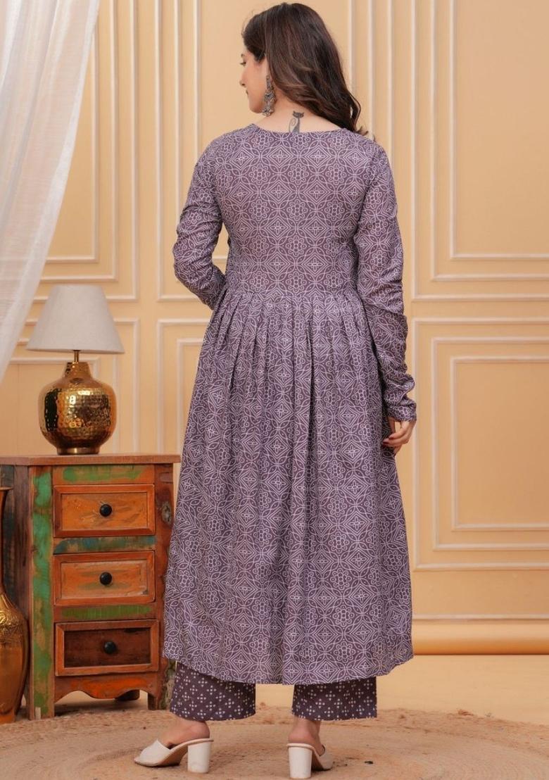 Purple Printed Viscose Kurta Set - Indya
