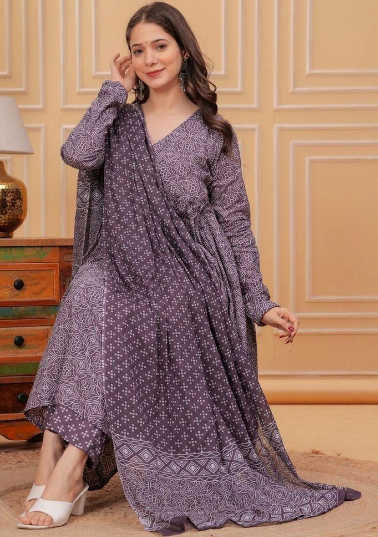 Purple Printed Viscose Kurta Set - Indya
