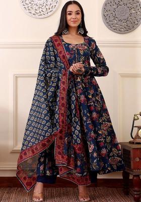 Navy Blue Printed Viscose Kurta Set