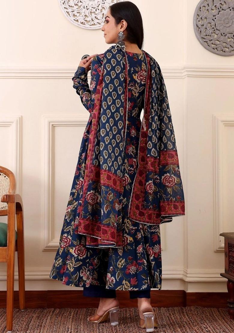 Navy Blue Printed Viscose Kurta Set - Indya