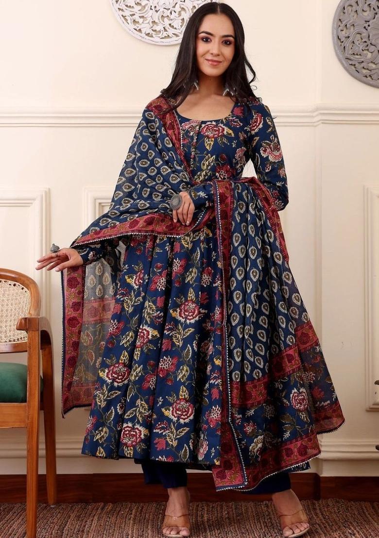 Navy Blue Printed Viscose Kurta Set - Indya