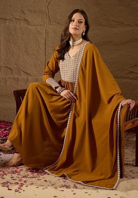 Brown Embroidered Georgette Kurta Set