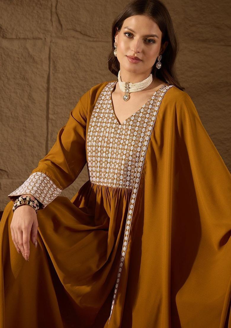 Brown Embroidered Georgette Kurta Set - Indya