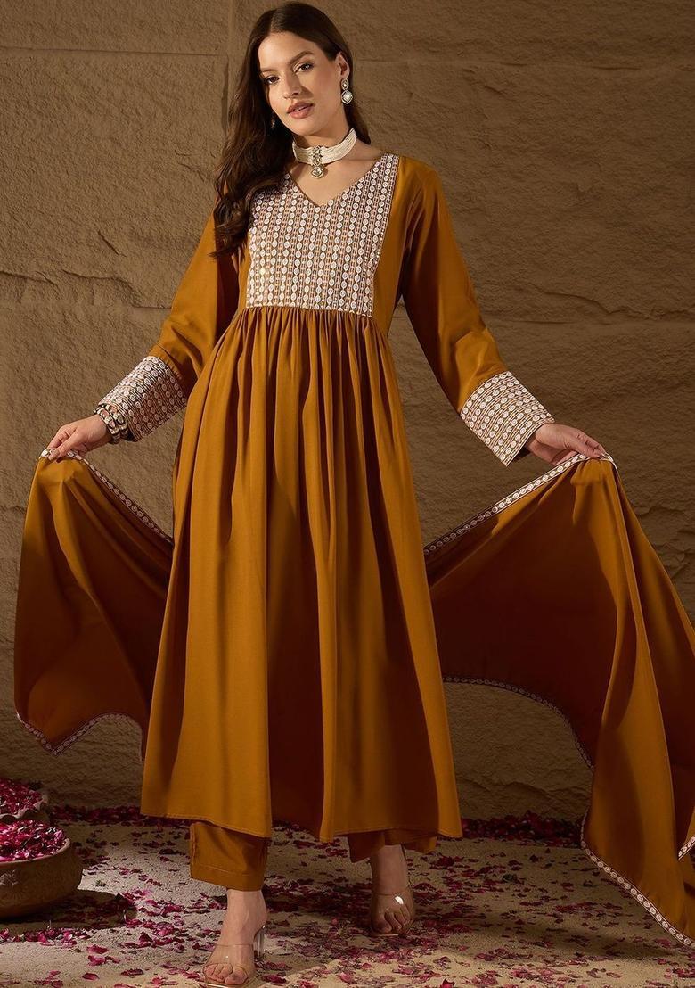 Brown Embroidered Georgette Kurta Set - Indya