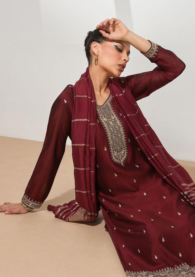 Maroon Embroidered Silk Kurta Set - Indya