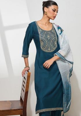 Teal Embroidered Cotton Kurta Set
